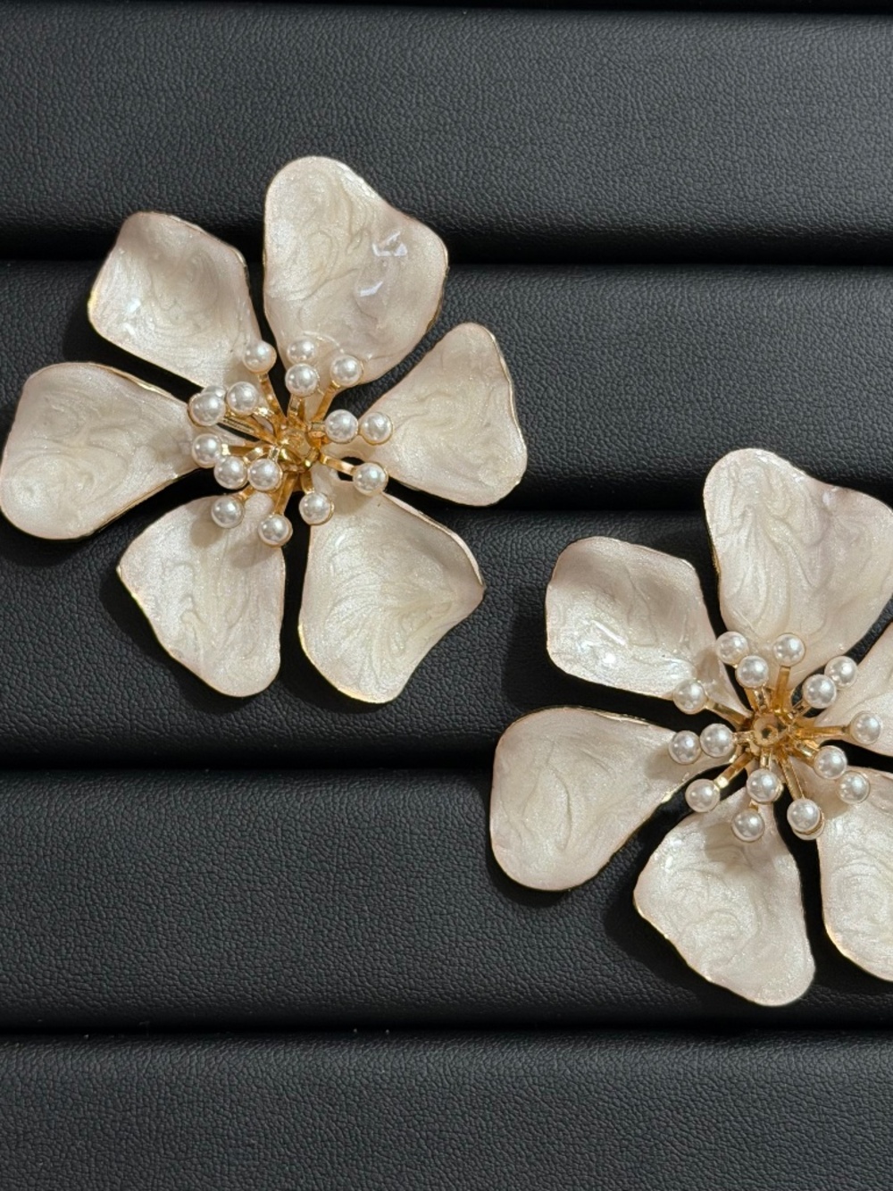 Golden Ivory White Exaggerated Flower Earrings Faux Pearl Cluster Center